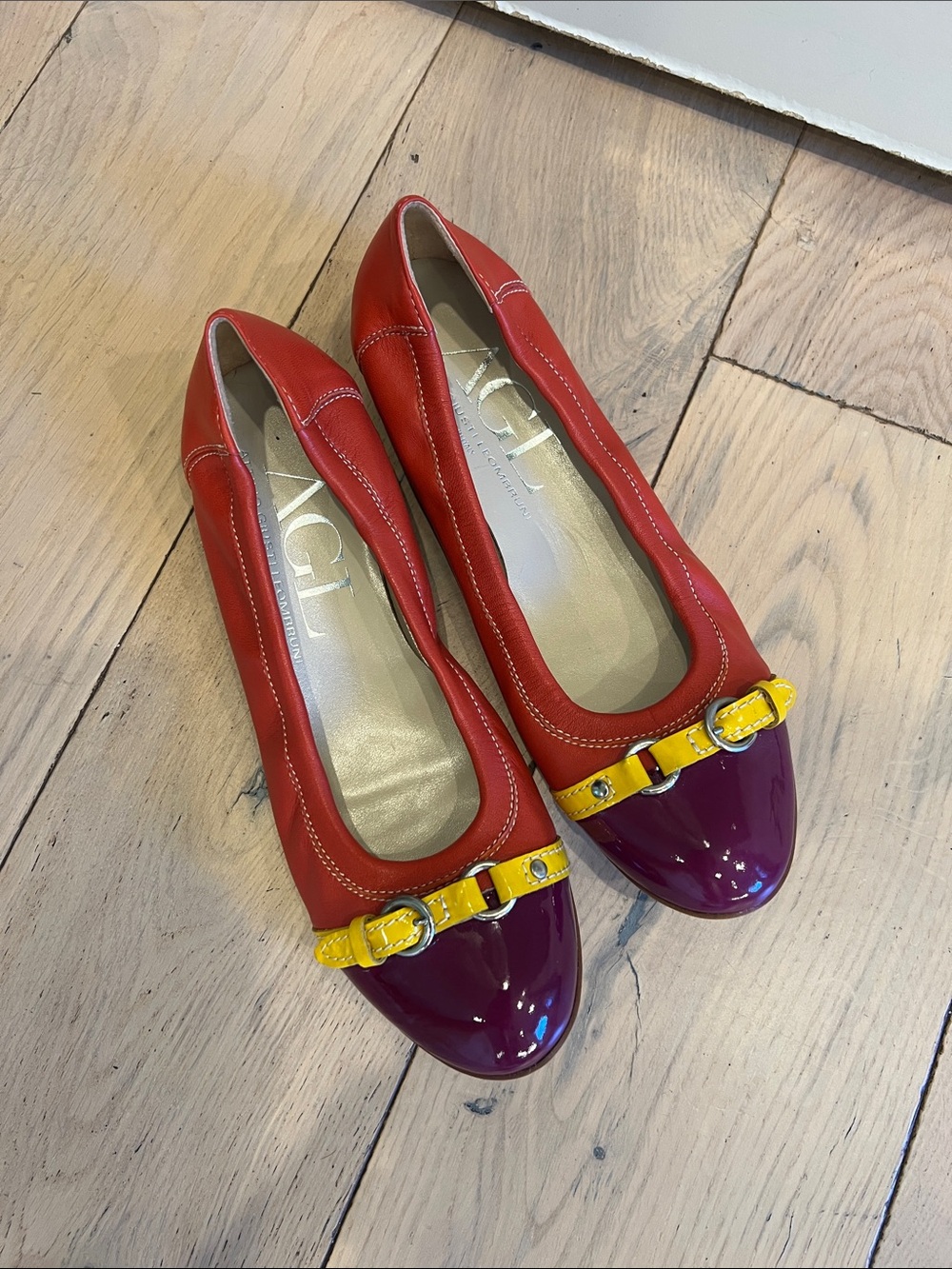AGL Red Leather Flats with Purple Patent Toe and Yellow Strap
